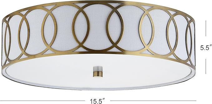 JONATHAN Y 15.5" Brass Gold Modern Metal LED Flush Mount Ceiling Light for Bedroom Hallway, White Linen Drum Shade with Geometric Fretwork, LED Bulbs Included (JYL3503A)