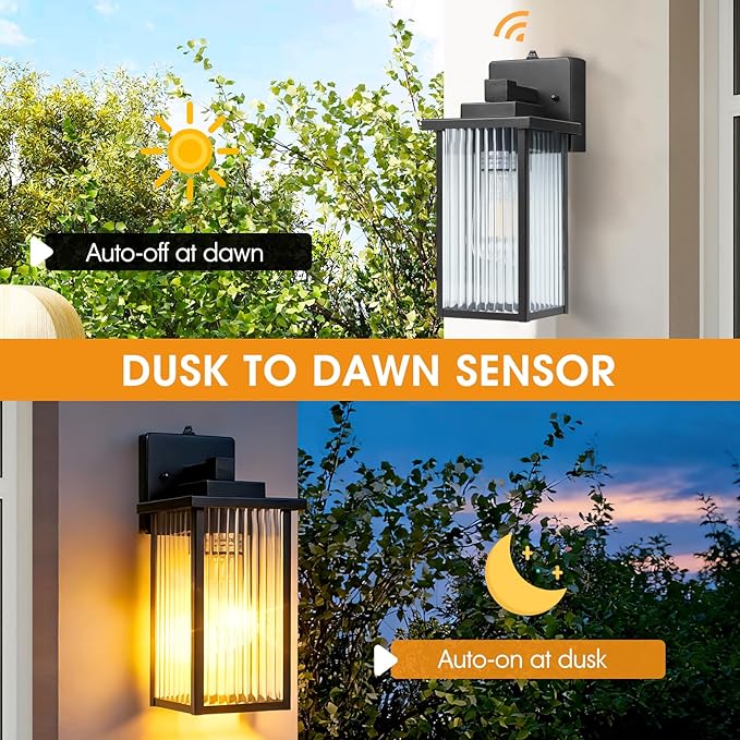 2 Pack of 13 Inch Matte Black Outdoor Wall Lights, Dusk to Dawn Waterproof Exterior Light Fixtures for Porch, Symmetrical Front Door & Garage Entry