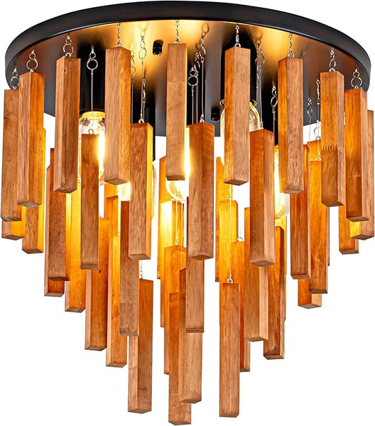 16.6" Farmhouse Ceiling Light, 5-Light Wood Chandelier, Rustic Light Fixture with Wood and Black Metal Finish, Farmhouse Semi Flush Chandelier for Bedroom, Hallway, Entryway, Kitchen