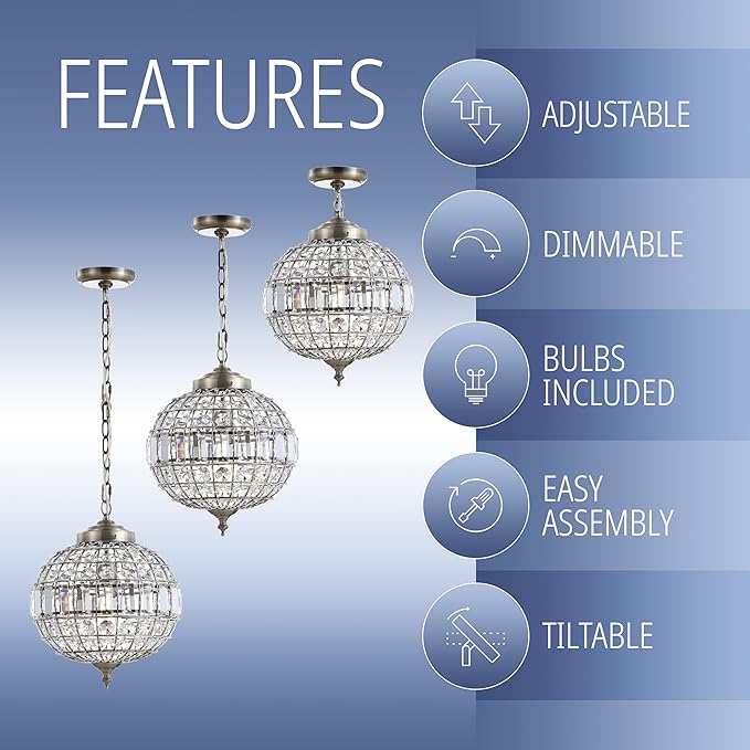 JONATHAN Y 12" Antique Brass Modern Crystal LED Pendant Light for Kitchen, Clear Crystal Shade, Glam Globe Chandelier Hanging Ceiling Lamp for Dining Room Entryway JYL6110A