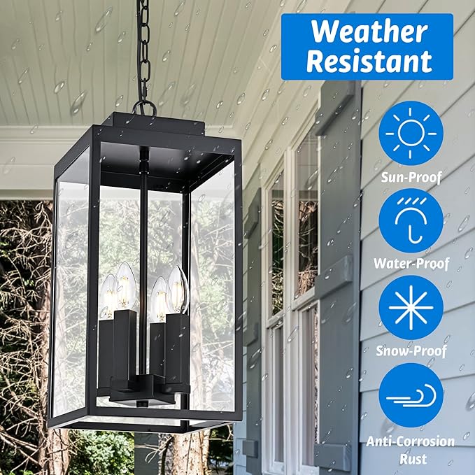 MELUCEE Large Outdoor Pendant Light Fixtures 4-Light, Farmhouse Exterior Hanging Lantern Porch Light, Black Hanging Lamp Ceiling Mount Outdoor Chandelier for Porch Patio Gazebo Entrance