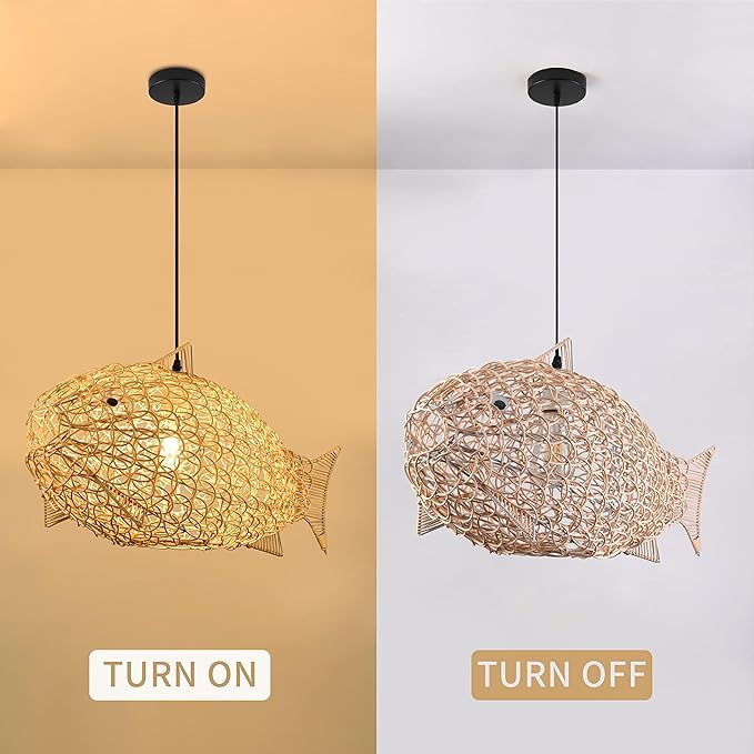 24 inch Fish-Shaped Rattan Woven Pendant Light Boho Chandelier Rustic Farmhouse Chandelier Rattan Light Fixture for Dining Room Living Room Bedroom Kitchen Foyer(Bulb Included)