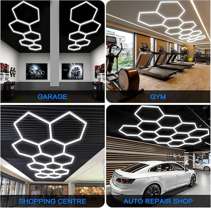 LZHOME Hexagon Garage Light Fixture 48 Packs: 52800LM Super Bright Honeycomb Led Ceiling Lights, 5000K Natural White, Hexagon Light for Garage Basement Warehouse Gym Car Detailing Shop etc