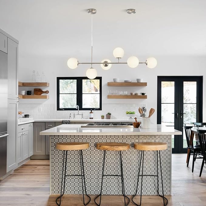 BOKT Modern 6-Light Ceiling Pendant Lighting Mid-Century Large Globes Sputnik Chandelier Brushed Nickel Milk Glass Globe Linear Pendant Light Dining Room Flush Mount Ceiling Lamp