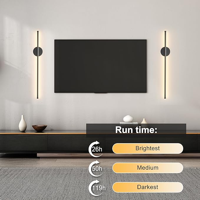Battery Operated Modern Wall Sconces Set of Two,Rechargeable Wireless Wall Lights with Remote Control,Dimmable,3CCT,Timer,360°Rotation,Cordless Lighting for Bedroom,Living Room,Hallway,Black,27.6 Inch