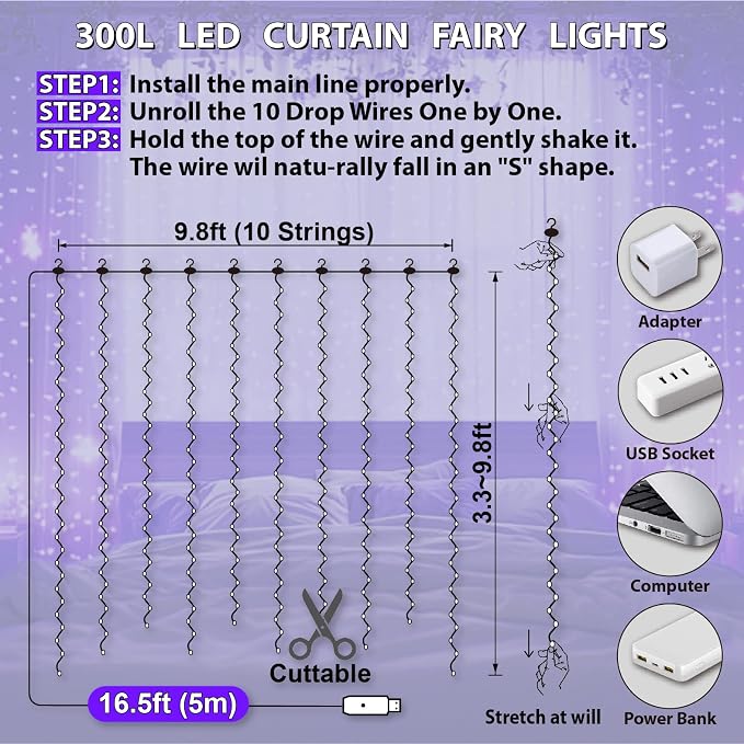 HXWEIYE 300LED Fairy Curtain Lights, 9.8x9.8Ft USB Plug-in 8 Modes Christmas String Hanging Lights with Remote for Bedroom Backdrop Wedding Indoor Wall Decor, Purple, Standard – 1 Pack