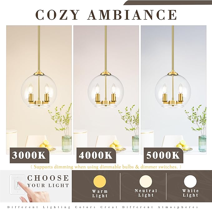 10" Gold Pendant Lights Glass Globe Pendant Light Fixture Bedroom Mid Century Modern Pendant Lighting Brass Pendant Light for Kitchen Island Bedroom Living Room Dinning Room (Bulb Incl.)