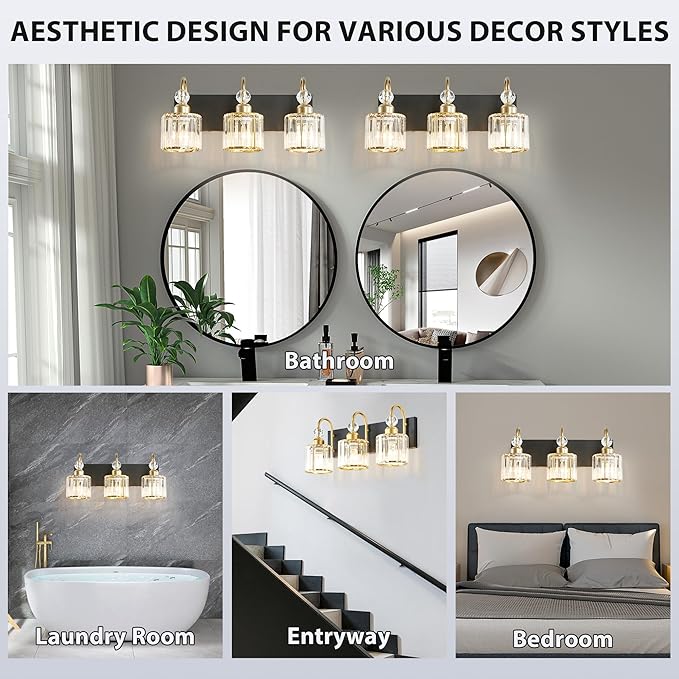 Bathroom Vanity Light Fixtures Over Mirror - Makeup Lighting Black Gold - for Modern Wall, Bath, Desk, Farmhouse, Hallway 3 Crystal Lights