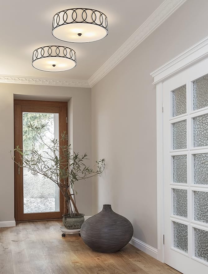 JONATHAN Y 15.5" Oil Rubbed Bronze Modern Metal LED Flush Mount Ceiling Light for Bedroom Hallway, White Linen Drum Shade with Geometric Fretwork, LED Bulbs Included (JYL3503C)