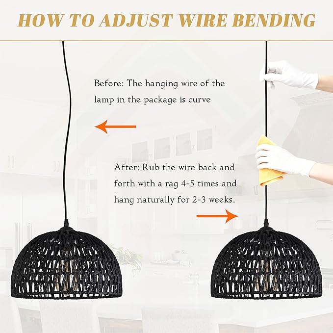24" Black Woven Pendant Light Boho Chandelier Dome Rustic Farmhouse Chandelier Wicker Pendant Light Rattan Light Fixture for Dining Room Living Room Bedroom Kitchen Island Foyer(Bulb Incl)