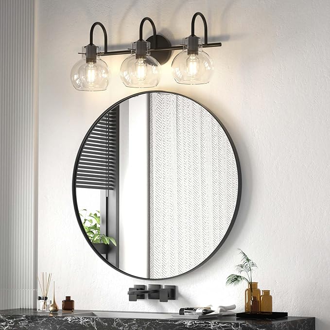 Black Vanity Light, Modern 3 Light Bathroom Light Fixtures Over Mirror Matte Black Bathroom Vanity Light with Globe Glass Shade, E26 Base, 17 Inch, UL Listed