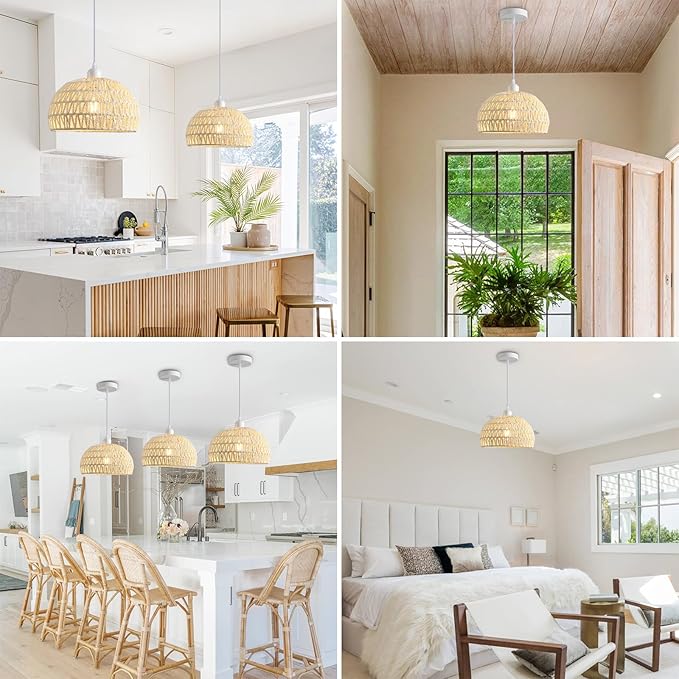 Rattan Pendant Light, Boho Dome Dining Room Chandelier, White Woven Kitchen Pendant Lighting over Island, Coastal Wicker Light Pendant Hanging Light Fixture for Nursery Entryway Bedroom, E26 Base