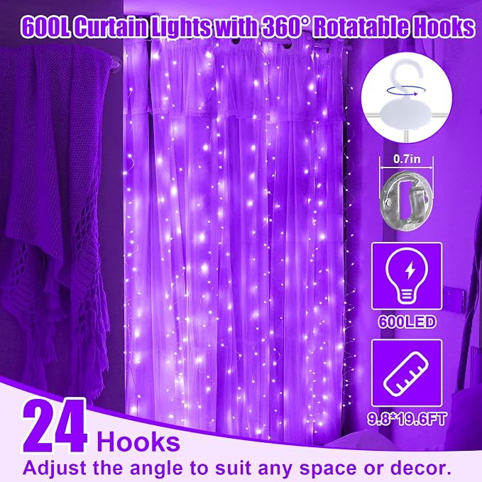 600LED Purple Curtain Lights for Bedroom, 19.6ft x 9.8ft Fairy Curtain String Light with 24 Hooks, 8 Modes Hanging Lights for Wedding, Party, Backdrop, Window, Xmas Decor