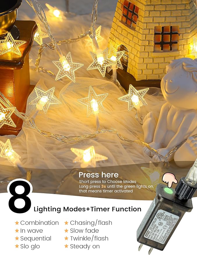 Star String Lights Plug in,39ft 100LED Fairy Lights with Remote, Hanging Star Decorations Lights Waterproof for Indoor Outdoor Bedroom Classroom Dorm Kids Tent Party Decor,Warm White