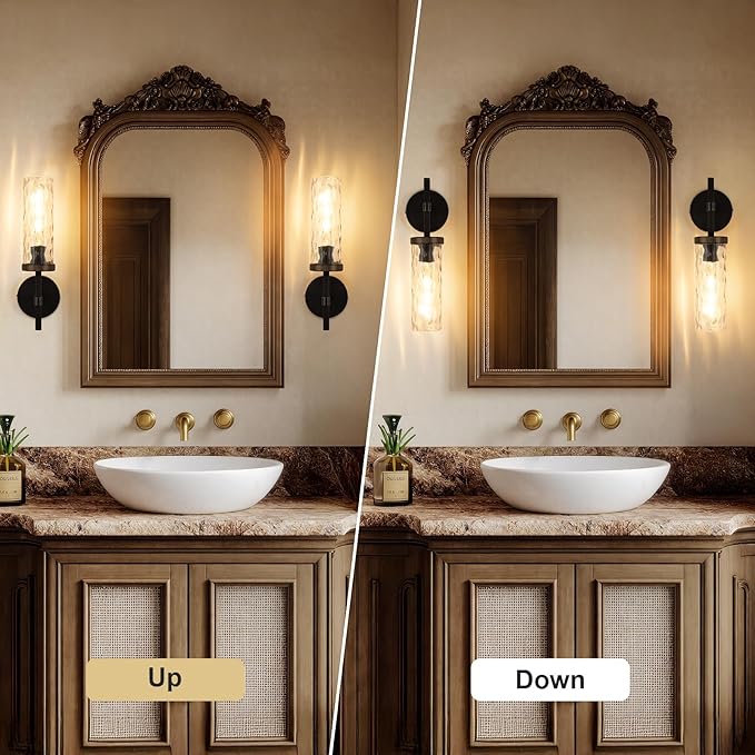 15" Knurled Brass Wall Sconce with Water Ripples Glass Tube, Black Gold Bathroom Vanity Light Fixtures, Modern Lamp Lighting for Bedroom, Living Room, Hallway, Staircase, Mirror, Kitchen