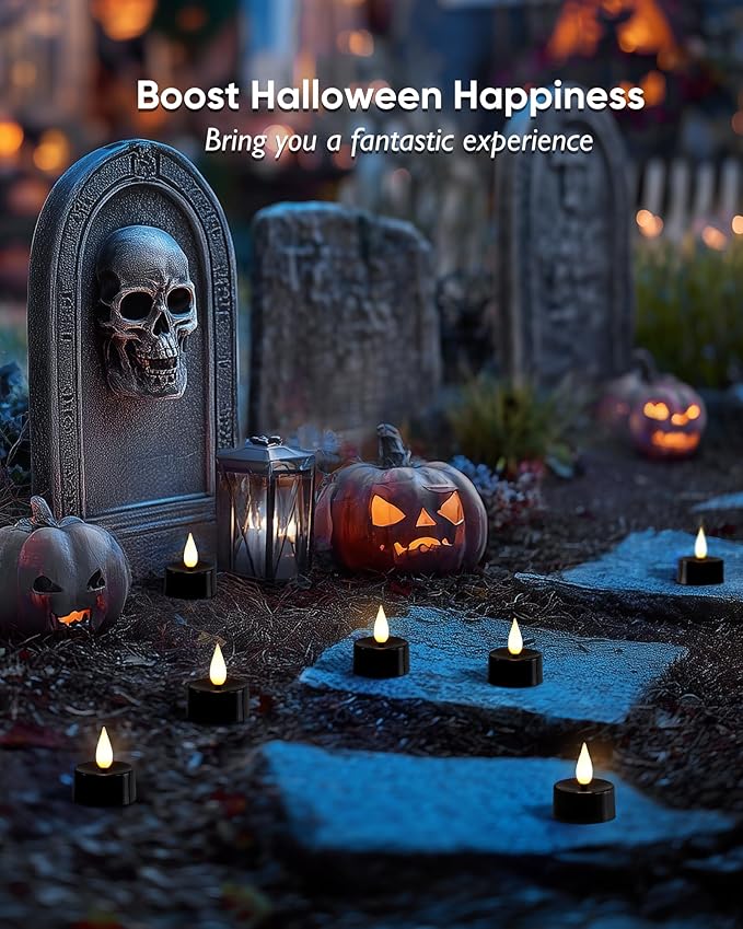Amagic Flameless Black Timer Remote Tealights Candles, 3D Black Wick Flickering Tea Lights, 300+Hour Colored Votive Candles Battery Operated, Set of 24 for Table Decorations, Pumpkin, Halloween, Party