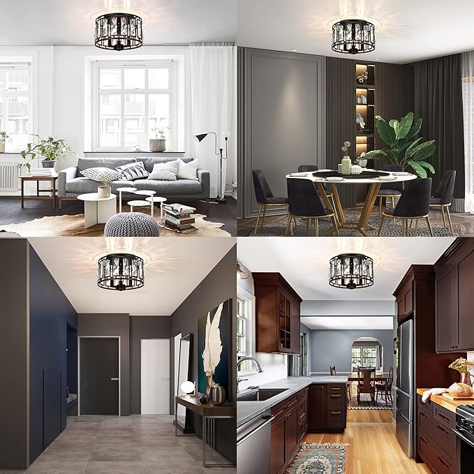 Crystal Ceiling Light Flush Mount for Bedroom, Kitchen Island Crystal Drum Shade Lighting Fixture, 3-Light Black Ceiling Lamp for Dining Room