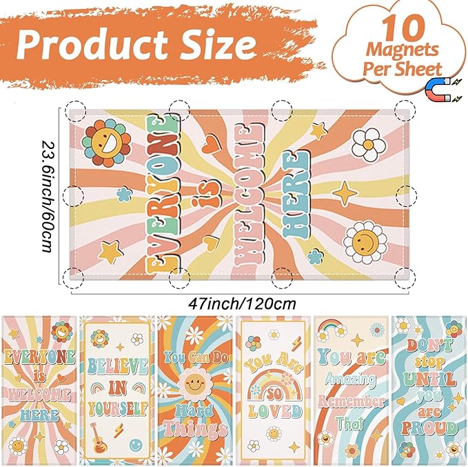 Wiooffen 6 Pcs Fluorescent Light Covers with 60 Magnets Decorative for Classroom Ceiling Lights 4 x 2 Feet Magnetic Light Cover Filter Easy Install for Office Hospital Home Ceiling Supplies (Hippie)