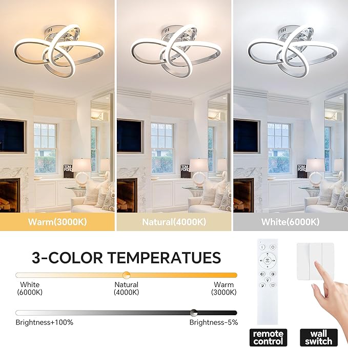 Modern LED Ceiling Light with Remote Control, Stepless Dimming, 3000-6000K Selectable, 36W, Dimmable LED Chandelier for Bedroom, Bathroom, Entryway, Hallway, Chrome Finish