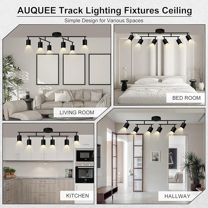 AUQUEE 6 Light Track Lighting Fixtures Ceiling, Matte Black Kichen Track Lighting Fixtures with Rotatable Light Heads, Upgrade Light Poles, Modern LED Sopt Lights for Kitchen/Hallway, No GU10 Bulb