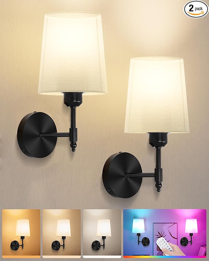 Ouyulong Battery Operated Wall Sconces Set of 2, Wireless Rechargeable Dimmable Wall Light with RGB Bulb and Remote for Bedroom, Living Room, Hallway (Black)
