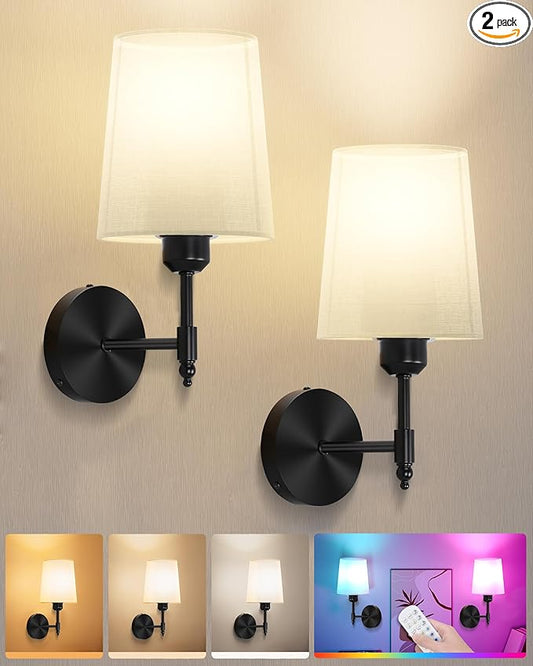 Ouyulong Battery Operated Wall Sconces Set of 2, Wireless Rechargeable Dimmable Wall Light with RGB Bulb and Remote for Bedroom, Living Room, Hallway (Black)