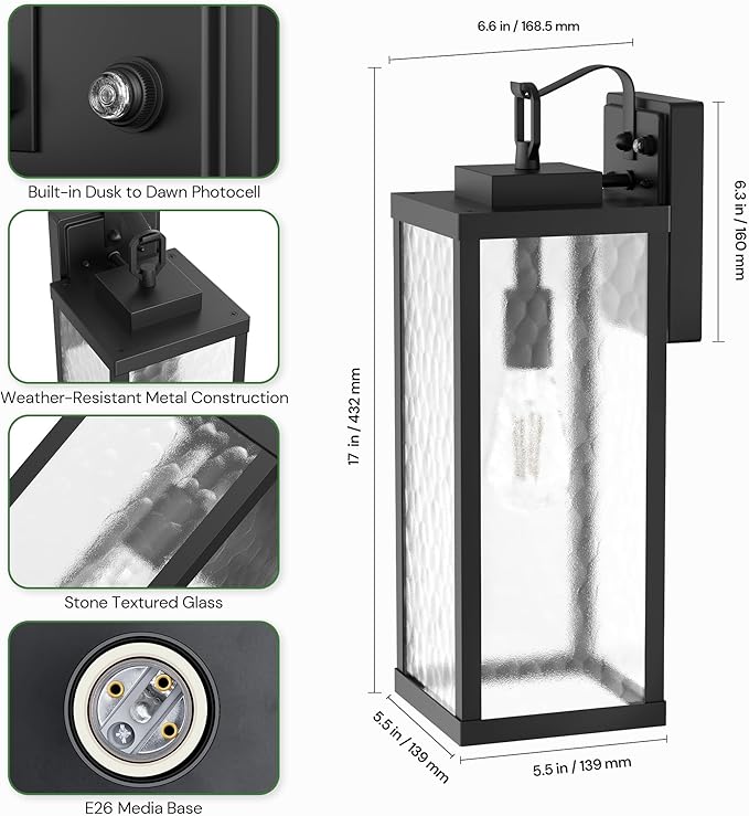 DORESshop Large Size Dusk to Dawn Outdoor Wall Lights, 16 Inch Matte Black Waterproof Anti-Rust Outdoor Light Fixtures Wall Mount with Water Ripple Glass Shade for Porch, Garage, ETL Listed, 2 Pack