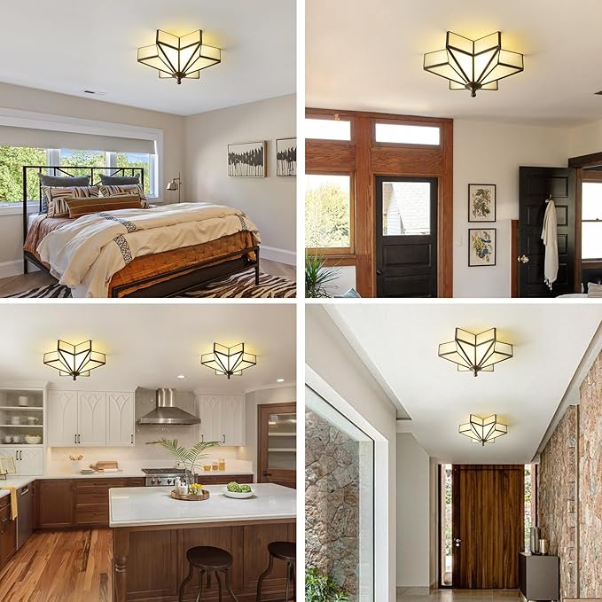 Star Brass Glass Ceiling Light - Small 12 Inch Bronze Black Flush Mount Fixture - Unique Art Deco Vintage Modern Milk Lighting Lights for Bedroom Dining Entry Hall Hallway Outdoor Porch