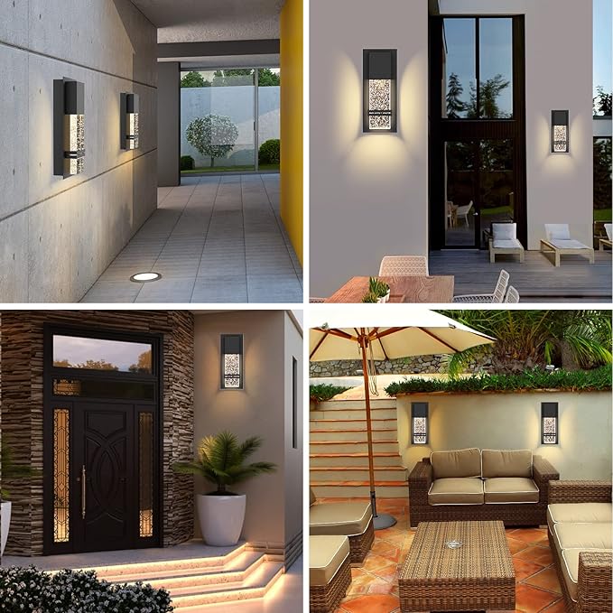 LED Integrated Outdoor Wall Light, Modern Exterior Wall Sconce with Crystal Bubble Glass, 12W 3000K Wall Mount Lighting Matte Black Finish Porch Light for Living Room Entryway Doorway 2 Pack