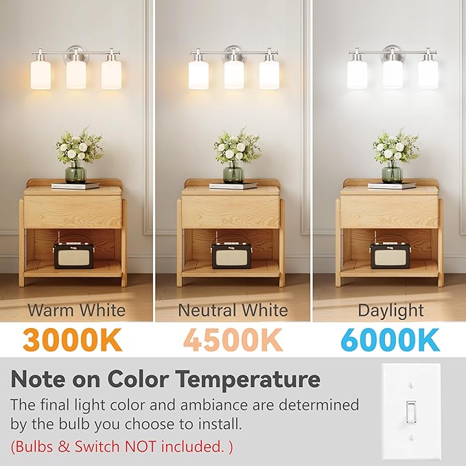 3-Light Bathroom Vanity Light Fixtures, Brushed Nickel Bathroom Wall Sconce, Modern Vanity Light with Milky White Glass Shade Over Mirror, Bathroom, Bedroom, E26 Base, 17 Inch