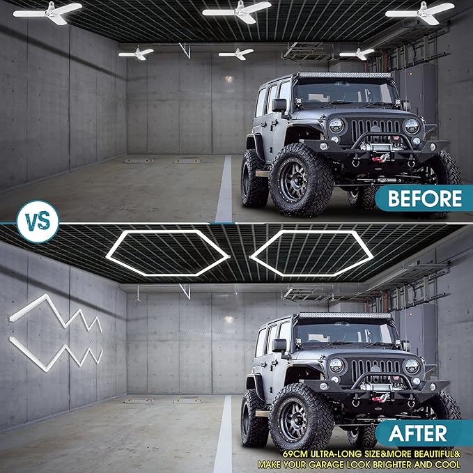 LZHOME LED Hexagon Garage Light: 12700LM Car Detailing Shop Light, DIY Splicing Ceiling & Wall Decor Lights, for Workshop Basement Gym Warehouse Bar Gaming Room