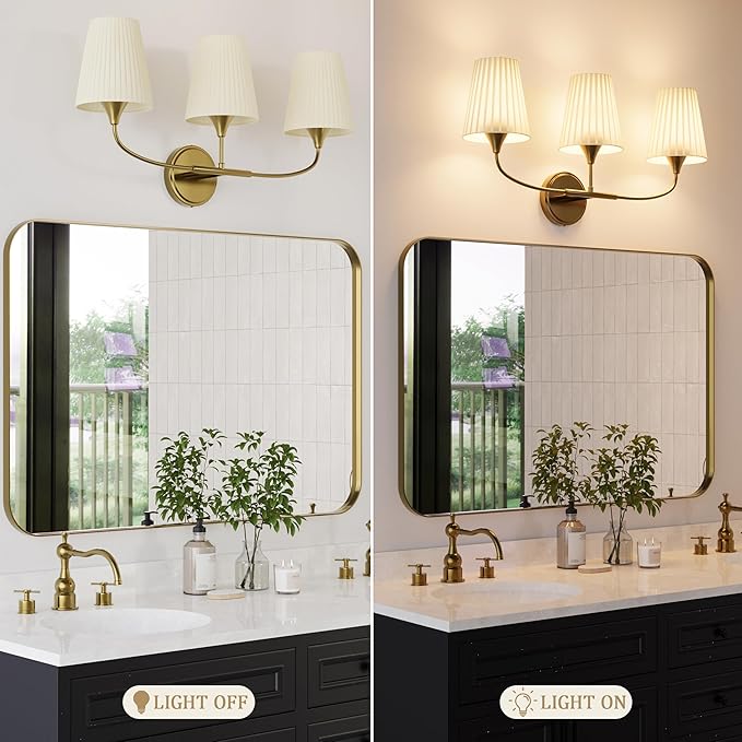 Bathroom Light Fixtures Over Mirror, 3 Light Vanity Light for Bathroom, Gold Vanity Light Fixtures with Flared Ivory White Fabric Shade, E26 Socket Modern Sconce Wall Decor(ETL Listed)