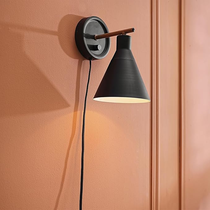 Globe Electric 51725 1-Light Dimmable Plug-in or Hardwire Wall Sconce, Matte Black, Faux Walnut Accent, Stepless Dimming Rotary Switch on Canopy, Black Fabric Cord, Bulb Not Included