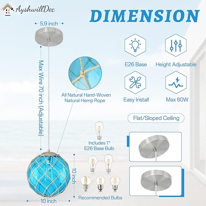 10" Blue Coastal Pendant Light Kitchen Island,Glass Globe Ocean Ceiling Light Fixture Beach House,Dimmable Hemp Rope Light Fixture Hanging For Bathroom Living Room Farmhouse Entry Bedroom(Bulb Incl.