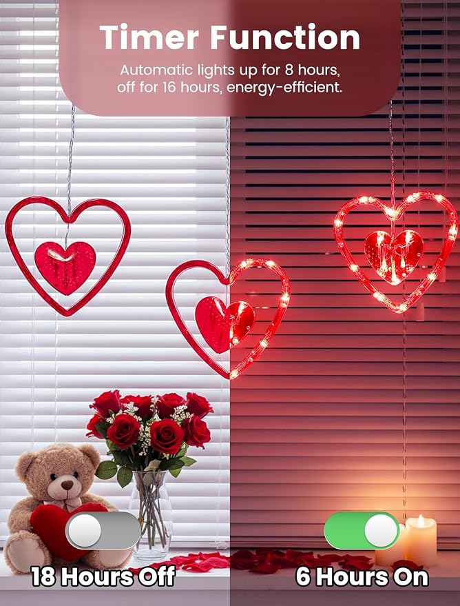 Valentines Day Window Lights,45LED Love Hearts String Lights for Bedroom,Timer Memory Hanging Curtain Light 8 Mode,USB/Battery Operate Valentines Light for Wedding Anniversaries Party(Red)