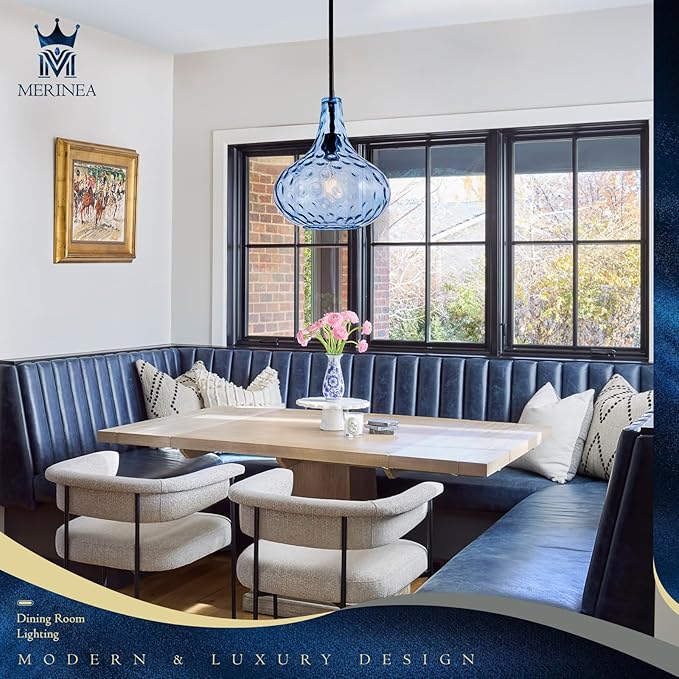 11" Hand-Blown Blue Glass Pendant Light, Hammered Glass Shade with Black Finish, Adjustable Modern Hanging Light Fixture for Kitchen Island, Dining Room, Hallway, Living Room