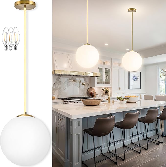 Bagood 14" Globe Pendant Light 3-Light Gold Mid Century Modern Light Fixture Milk Glass Pendant Light Globe Pendant Lights Kitchen Island Brushed Brass Finished with Milk Glass Lampshade for Bedroom