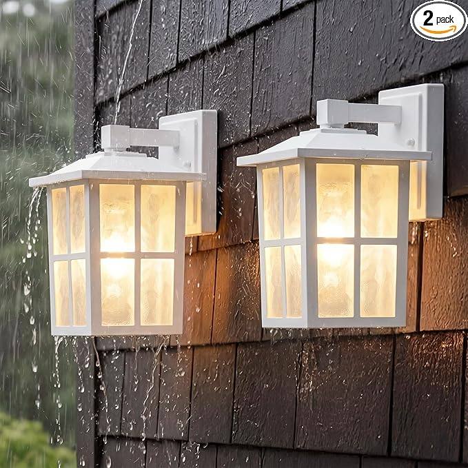 KDG Outdoor Waterproof Patio Wall Light Fixtures Set of 2, White E26 Socket Exterior Lanterns with Tempered Glass, Modern Wall Mounted Lamp Suitable for Home, Front Door, Garden, Garage, Porch