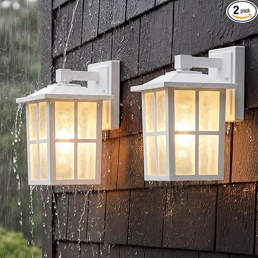 KDG Outdoor Waterproof Patio Wall Light Fixtures Set of 2, White E26 Socket Exterior Lanterns with Tempered Glass, Modern Wall Mounted Lamp Suitable for Home, Front Door, Garden, Garage, Porch