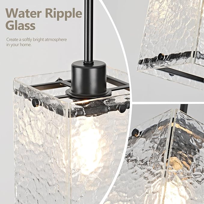 Water Ripple Glass Pendant Lights Black Pendant Lights Kitchen Island Adjustable Modern Hanging Pendant Light Fixtures for Sink Kitchen Dining Room Foyer Entryway, 1 Pack