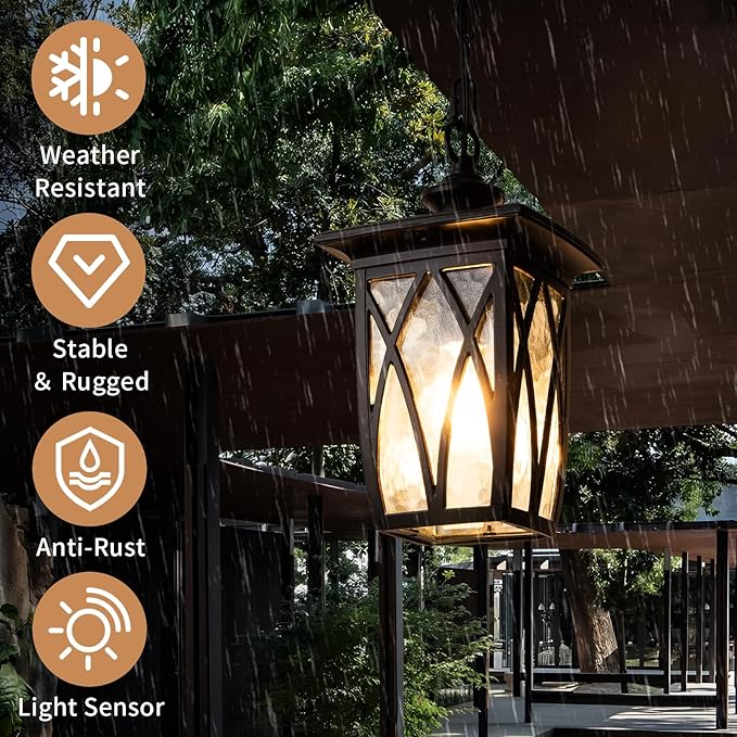 JYZ Dusk to Dawn Outdoor Pendant Lantern, 12 Inch Craftsman Style Exterior Hanging Light with Water Ripple Glass, Traditional Outdoor Chandelier for Front Porch Patio Garden Gazebo Pergola