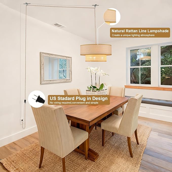 Plug in Pendant Light Rattan Hanging Lights with Plug in Cord 15FT Hemp Rope Cord, 18in Boho Plug in Chandelier for Dining Room, Living Room, Kitchen, Bedroom（Bulb Included）