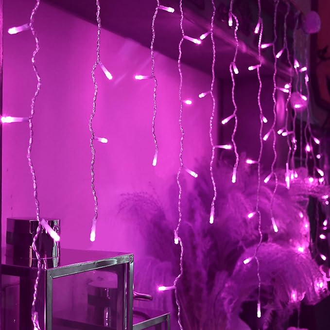 YOLIGHT Icicle Chrismtas Lights 13ft 96 LED Icicle String Lights Curtain Fairy Light, Indoor Room Patio Garden Bedroom Halloween Christmas Wedding Valentine's Day Decoration (Pink)