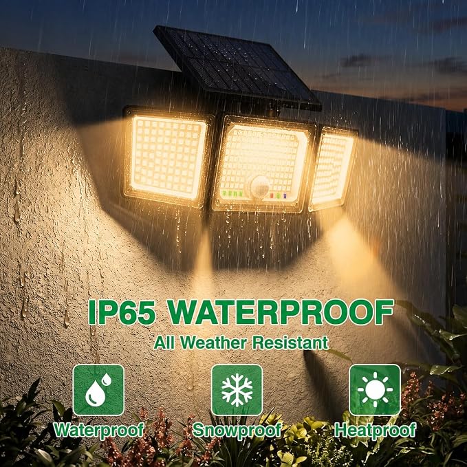 Solar Outdoor Lights Motion Sensor, 2500LM 286 LED Security Flood Lights with Visual Battery & Mode Display, 3 Lighting Modes, IP65 Waterproof 3-Head Wide Angle for Garage, Yard, Patio (4P Warm White)