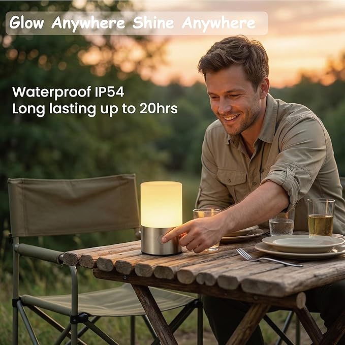 Small Table Lamp - Rechargeable, Portable, Up to 20-Hour Battery Life, 10 Brightness Levels, Auto-Off Timer, Waterproof, Warm Light for Bedside, Travel, Camping & Décor-Nickel Finish
