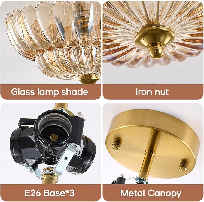 Semi Flush Mount Ceiling Light Fixture, 12" Vintage Gold Ceiling Light with Amber Glass Shade, 3-Light Close to Ceiling Light for Hallway Entryway Bedroom Kitchen, Mid Century Modern