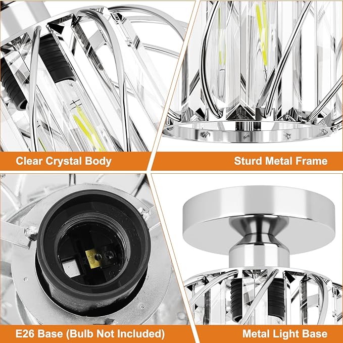 FRIDEKO HOME Crystal Ceiling Light Fixture - Crystal Chandelier Small Semi Flush Mount Ceiling Light Modern Lights Ceiling Mount for Hallway Kitchen Entryway Bedroom Bathroom (2 Pack, 7.48 Inch)