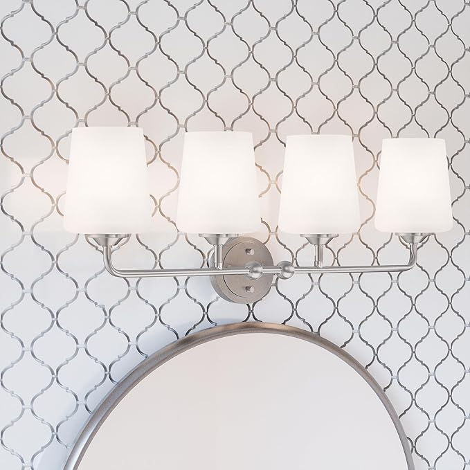 Design House Stasia Vanity Light, 4-Light, Sleek Modern Arms, Frosted Glass Glow, Dimmable, Dual-Mount Option, E26 Socket, Satin Nickel, 33.6 in L x 6.7 in W x 10.9 in H, 589309
