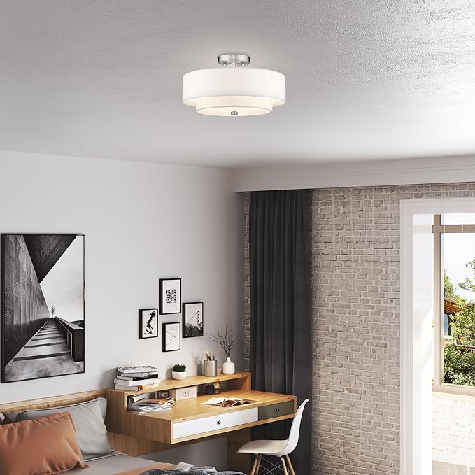 Livex Lighting 51044-91 Brushed Nickel Flush Mount with Off-White Fabric Hardback Shade