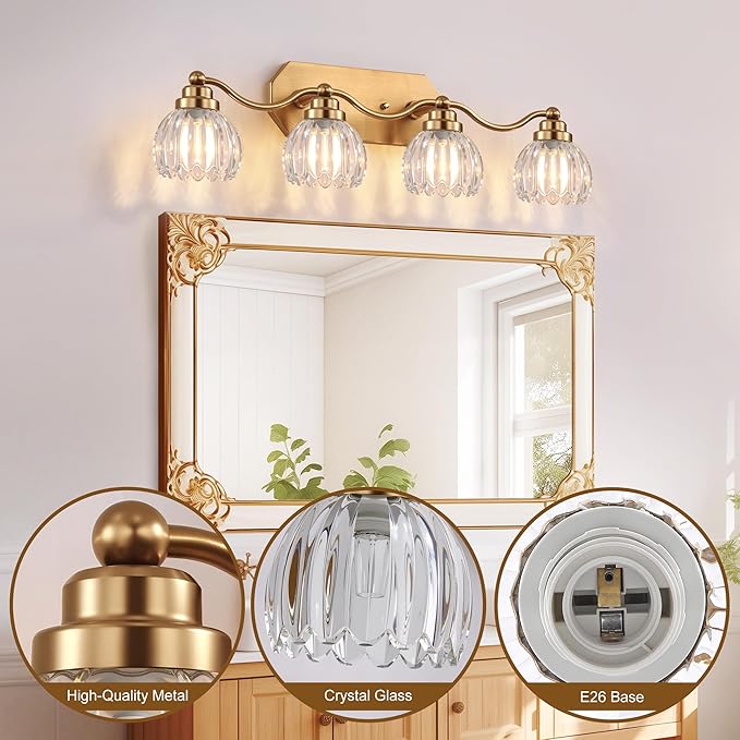 VbiTmn Gold Bathroom Light Fixtures, 4 Light Vintage Vanity Lights, Antique Brass Brushed Gold Finish, Crystal Transparent Glass Shade, Mid Century Wall Sconces for Bedroom, Living Room, Hallway